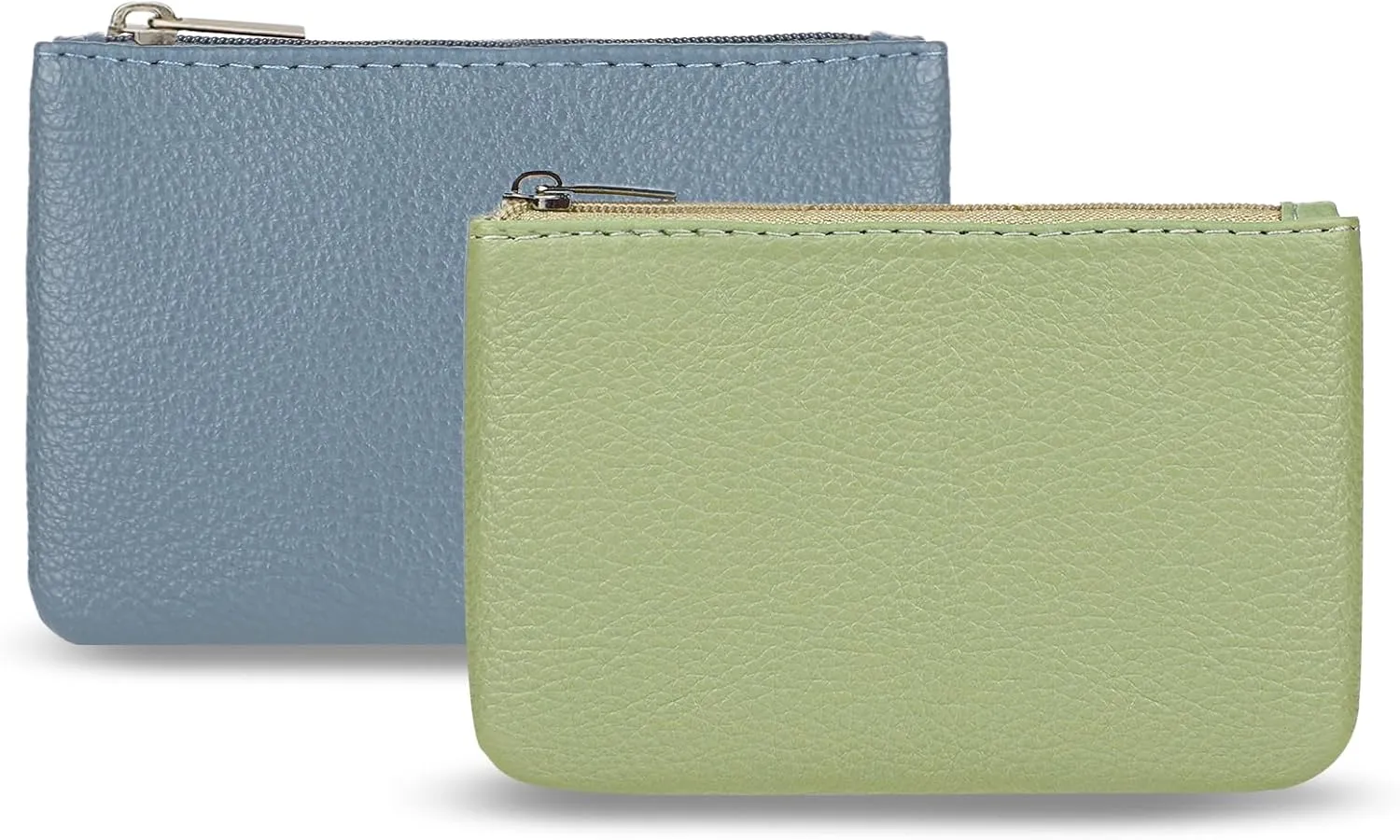 2 Pack Portable PU Leather Mini Coin Purse with Zipper for Women - Credit Card, Folded Bills, ID, Key, Headset, Lipstick (Blue & Green)