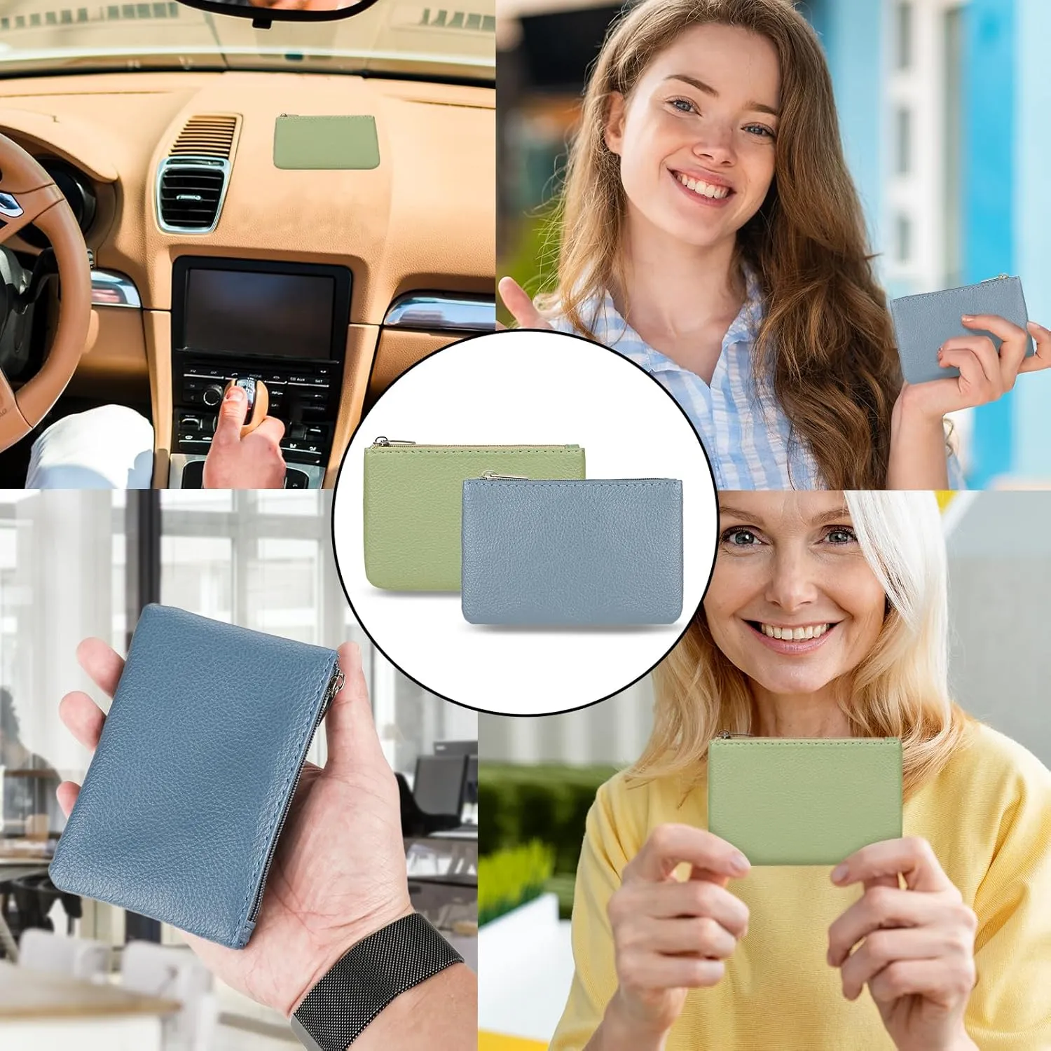 2 Pack Portable PU Leather Mini Coin Purse with Zipper for Women - Credit Card, Folded Bills, ID, Key, Headset, Lipstick (Blue & Green)