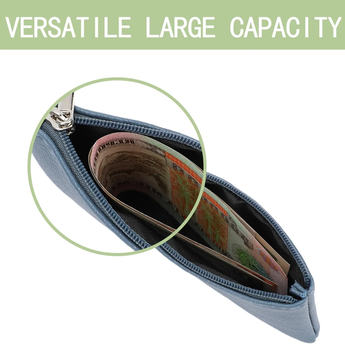 2 Pack Portable PU Leather Mini Coin Purse with Zipper for Women - Credit Card, Folded Bills, ID, Key, Headset, Lipstick (Blue & Green)