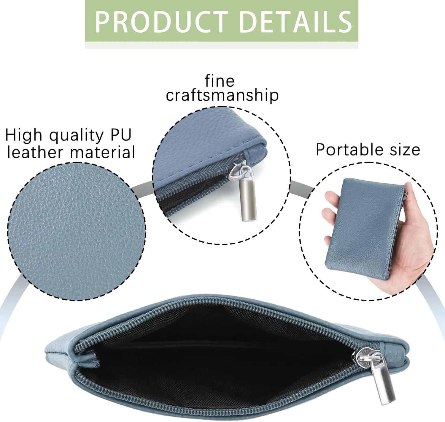 2 Pack Portable PU Leather Mini Coin Purse with Zipper for Women - Credit Card, Folded Bills, ID, Key, Headset, Lipstick (Blue & Green)