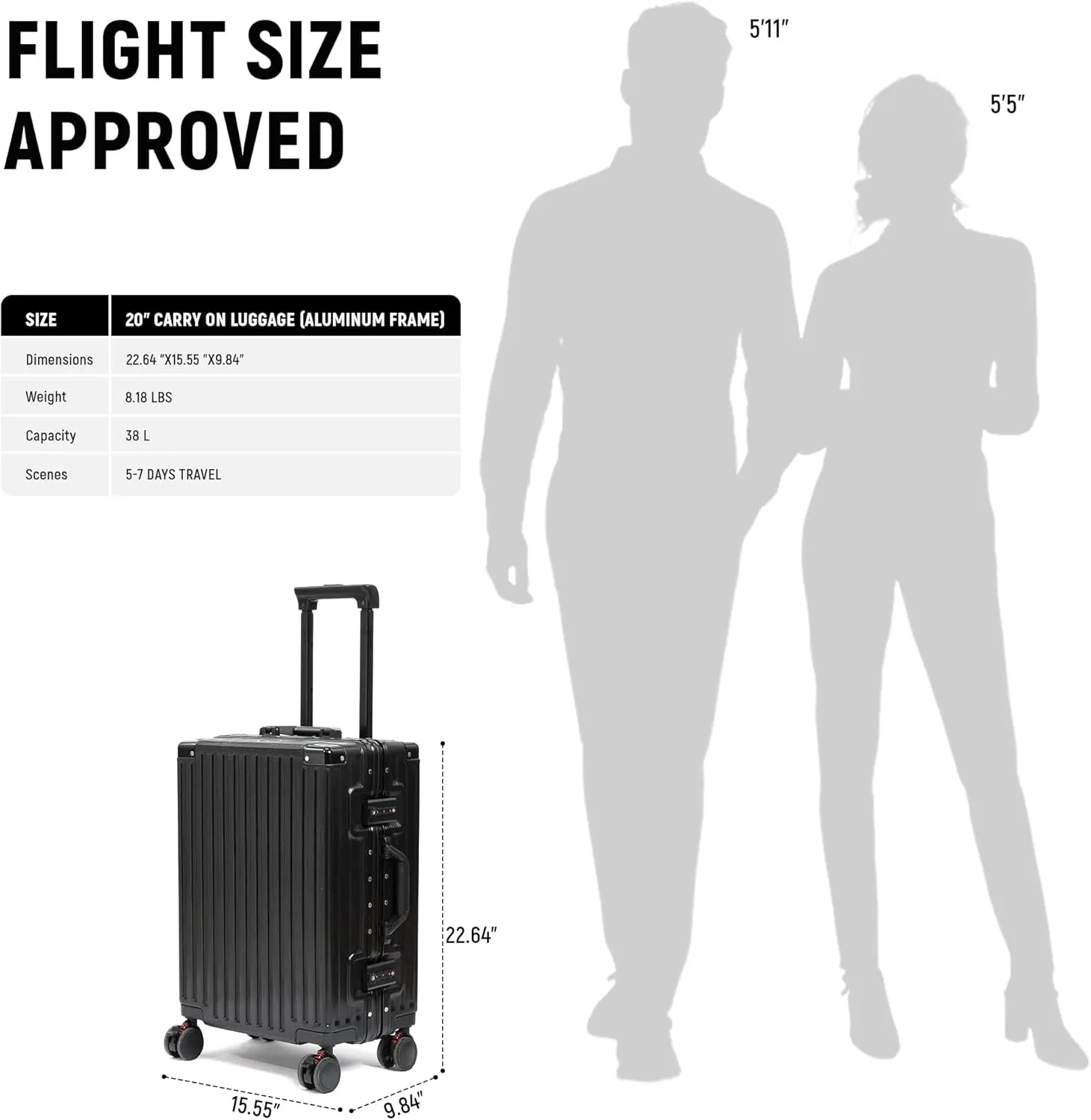20inch Carry On Luggage 22x14x9 Airline Approved, Zipperless Luggage Carry On TSA Approved Hard Shell Suitcases, Lightweight Carry On Suitcases with Aluminum Frame, Black