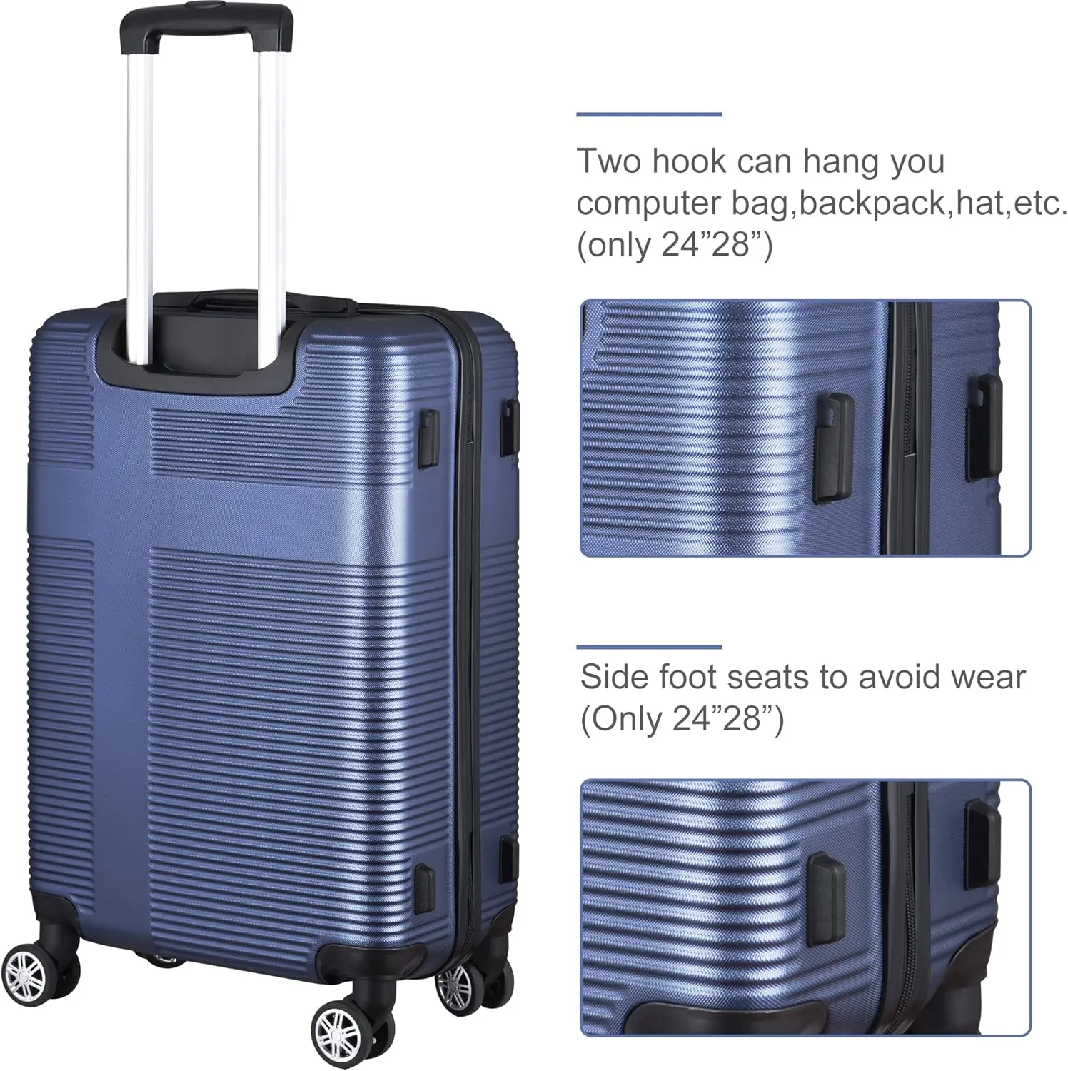 3 Piece Luggage with TSA Lock ABS, Durable Luggage Set, Lightweight Suitcase with Hooks, Spinner Wheels Cross Stripe Luggage Sets 20in/24in/28in (Dark Blue)
