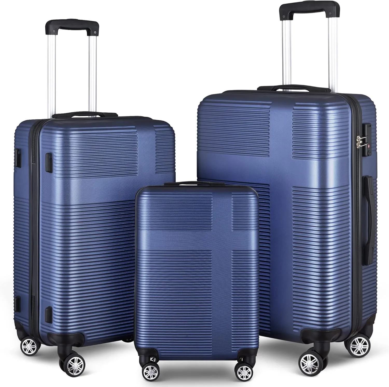 3 Piece Luggage with TSA Lock ABS, Durable Luggage Set, Lightweight Suitcase with Hooks, Spinner Wheels Cross Stripe Luggage Sets 20in/24in/28in (Dark Blue)