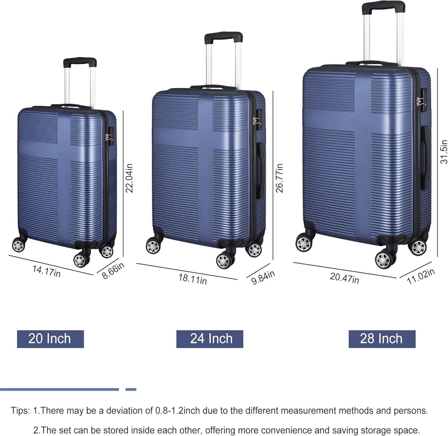 3 Piece Luggage with TSA Lock ABS, Durable Luggage Set, Lightweight Suitcase with Hooks, Spinner Wheels Cross Stripe Luggage Sets 20in/24in/28in (Dark Blue)