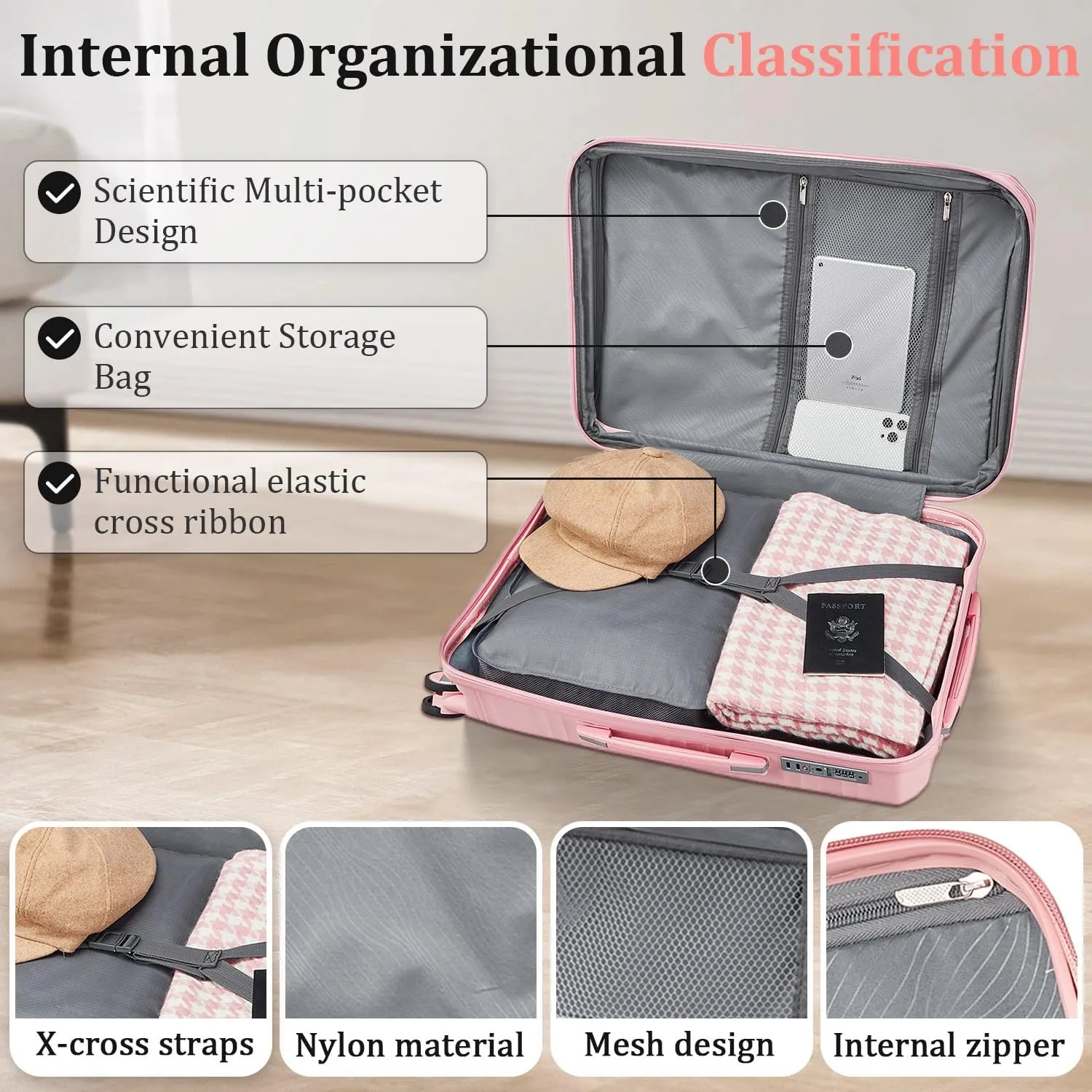 4-Piece Expandable Hardshell Luggage Set with TSA Lock (14/20/24/28) - Lightweight PP Suitcases, 360 Silent Spinner Wheels and Durable 100LB Handle for Air Travel (Pink)