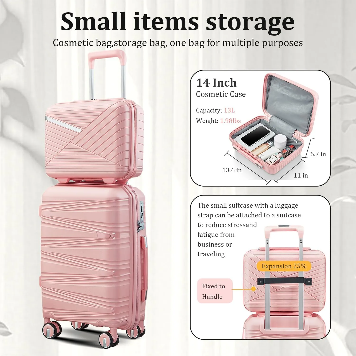 4-Piece Expandable Hardshell Luggage Set with TSA Lock (14/20/24/28) - Lightweight PP Suitcases, 360 Silent Spinner Wheels and Durable 100LB Handle for Air Travel (Pink)