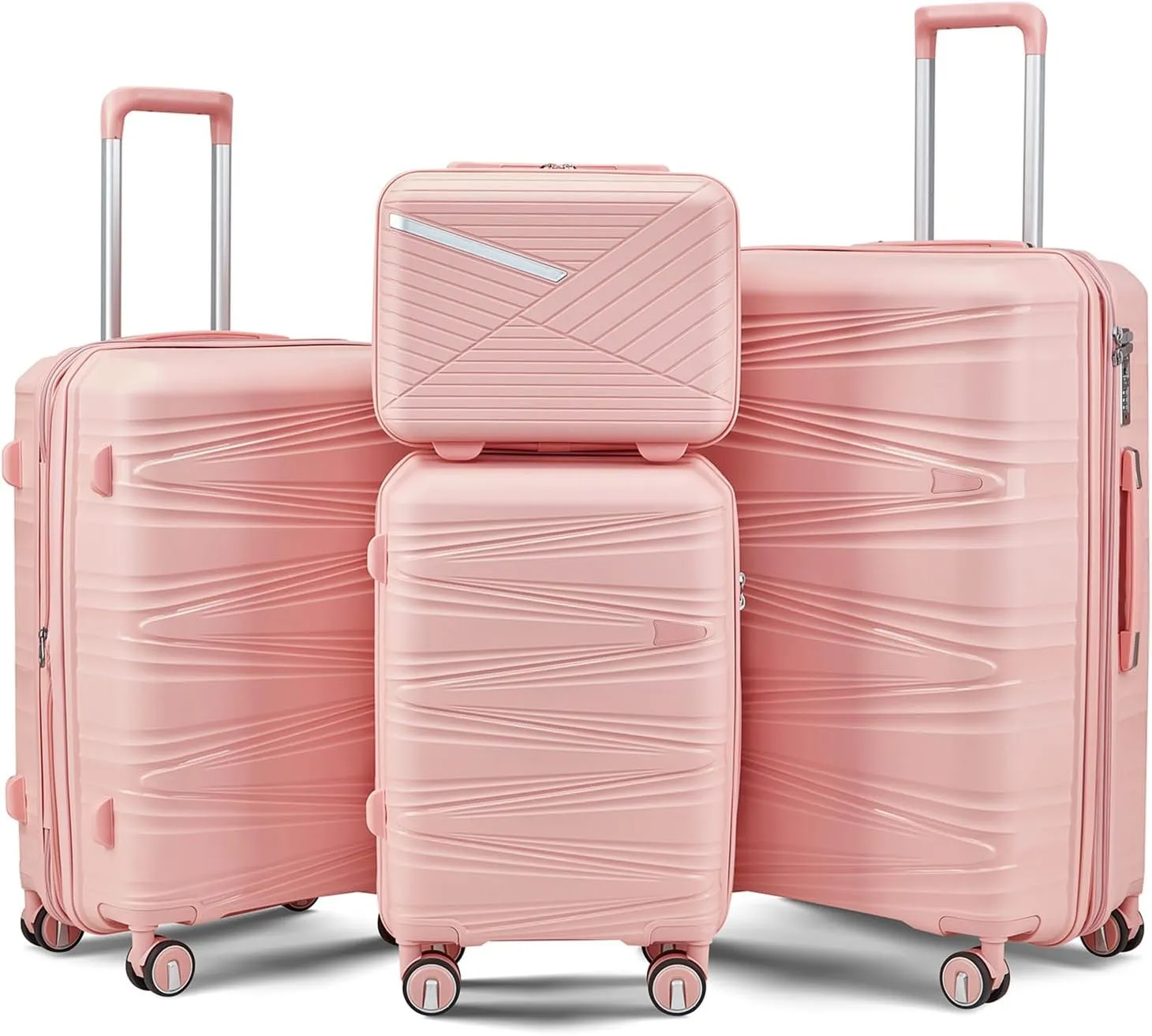 4-Piece Expandable Hardshell Luggage Set with TSA Lock (14/20/24/28) - Lightweight PP Suitcases, 360 Silent Spinner Wheels and Durable 100LB Handle for Air Travel (Pink)