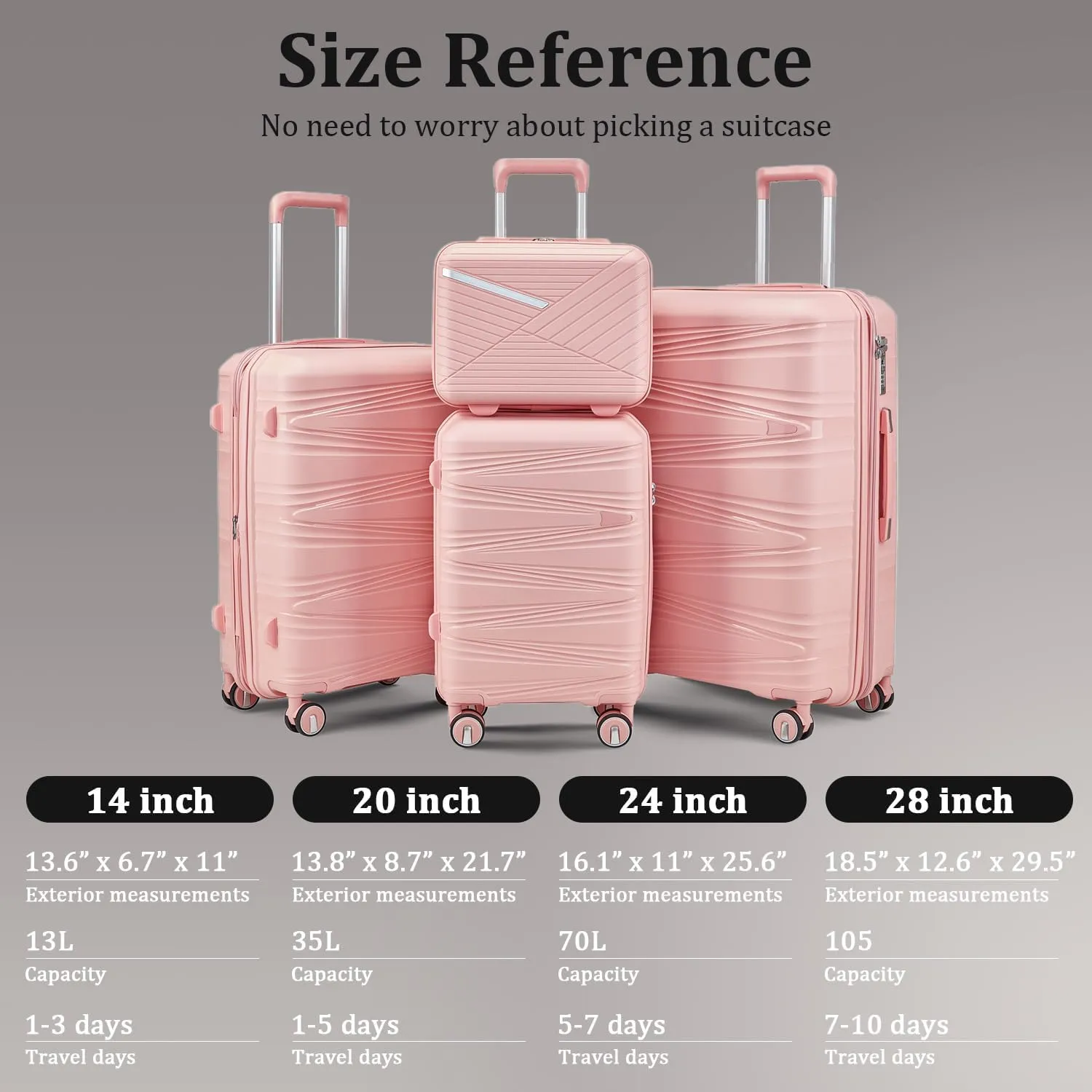 4-Piece Expandable Hardshell Luggage Set with TSA Lock (14/20/24/28) - Lightweight PP Suitcases, 360 Silent Spinner Wheels and Durable 100LB Handle for Air Travel (Pink)
