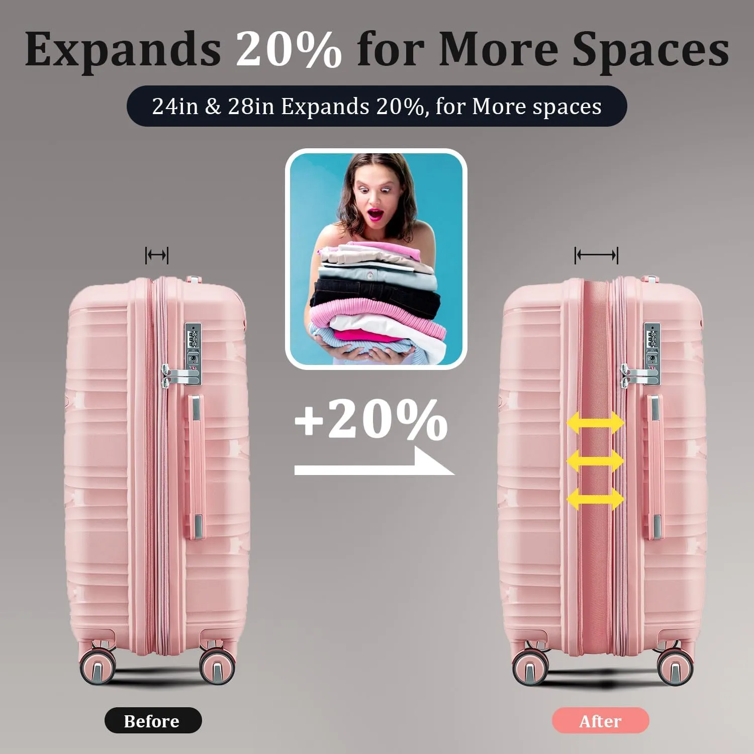 4-Piece Expandable Hardshell Luggage Set with TSA Lock (14/20/24/28) - Lightweight PP Suitcases, 360 Silent Spinner Wheels and Durable 100LB Handle for Air Travel (Pink)
