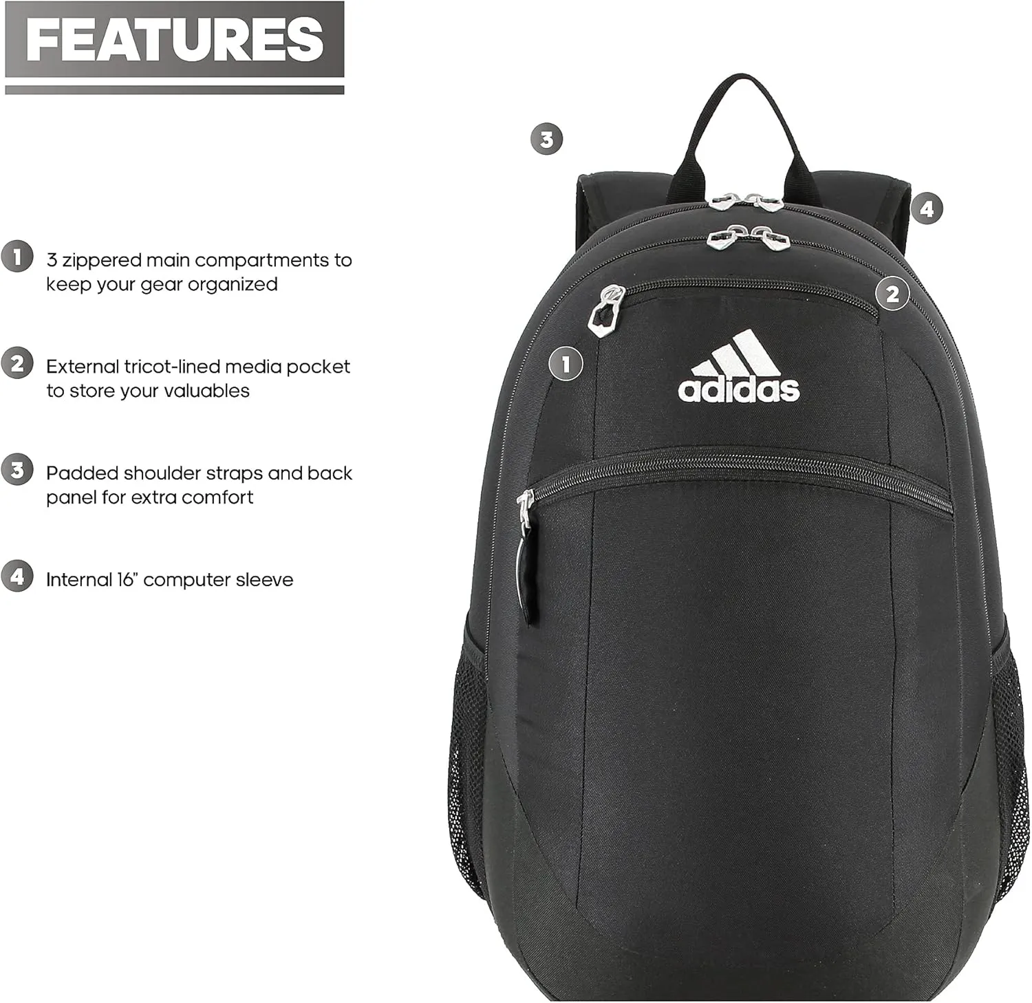 adidas Striker Team Sports Backpack Durable Athletic Gym Laptop Bag, Black/White, One Size