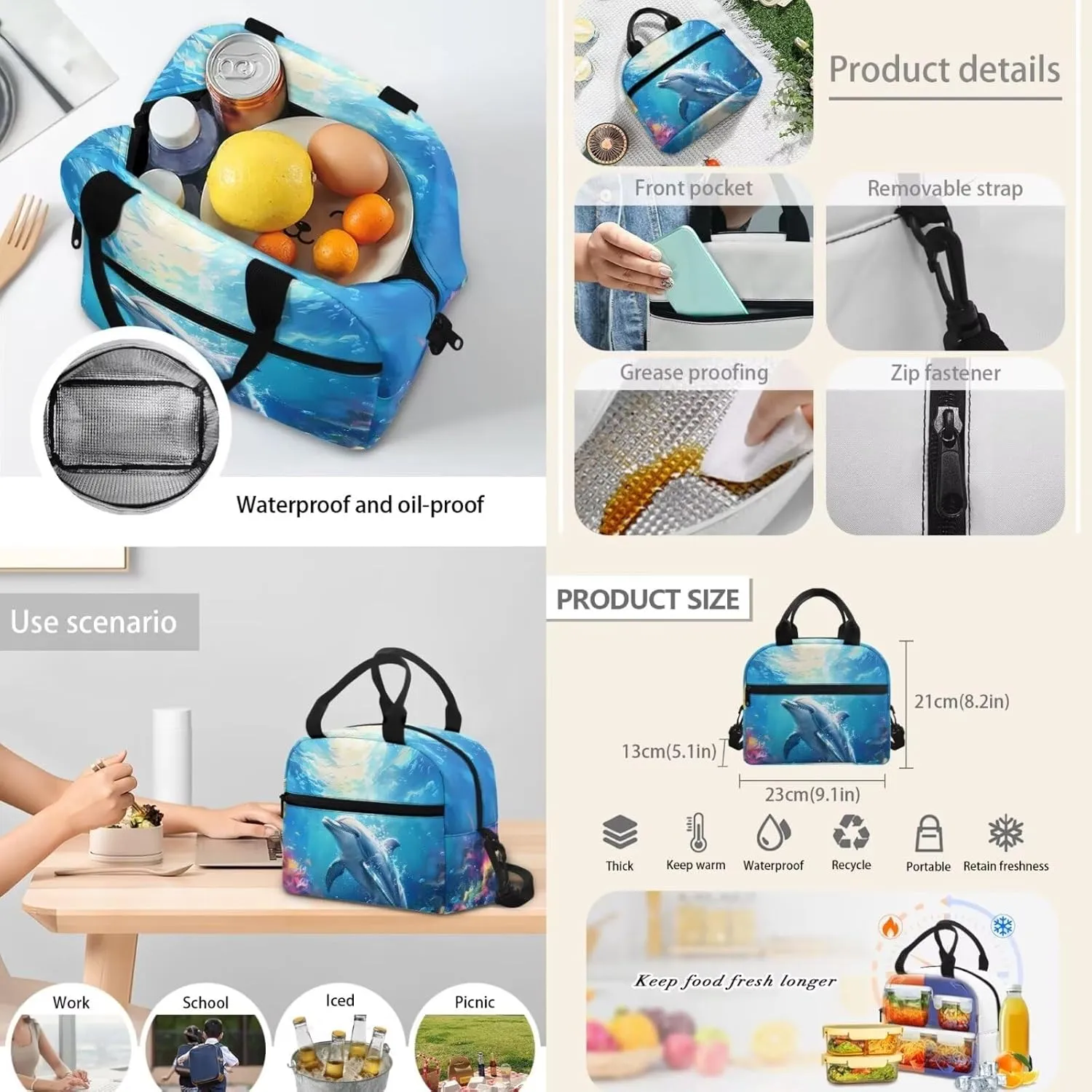 Dolyues Dolphin Boys Backpack Purse Age 6-8 4pcs Cool Backpack for Boys Lightweight Purse Bookbag for Boys 10-12 with Lunch Box Pencil Case and Insulate Bottle for Middle School Student Gifts