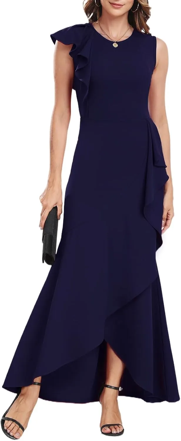 FQA Long Formal Dresses for Women Black Cocktail Evening Gowns Elegant Ruffled Sleeve