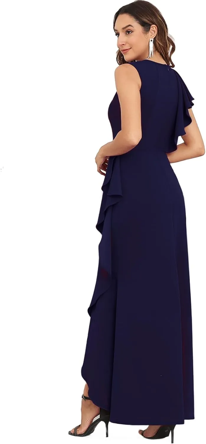 FQA Long Formal Dresses for Women Black Cocktail Evening Gowns Elegant Ruffled Sleeve