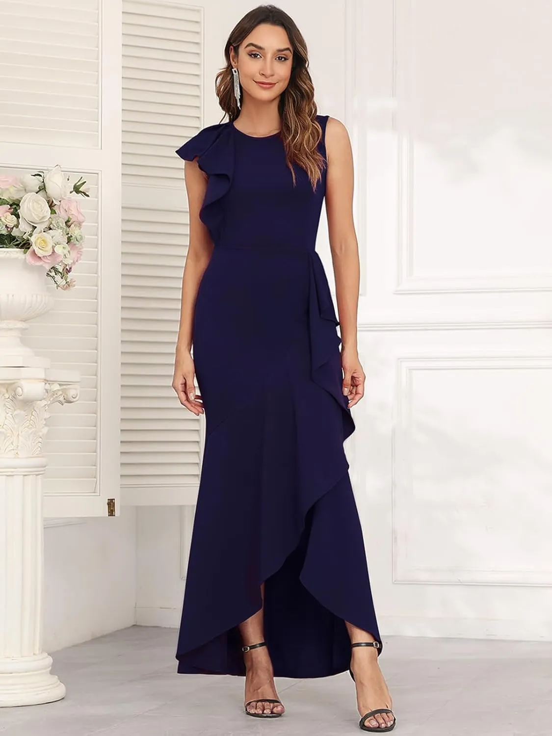 FQA Long Formal Dresses for Women Black Cocktail Evening Gowns Elegant Ruffled Sleeve