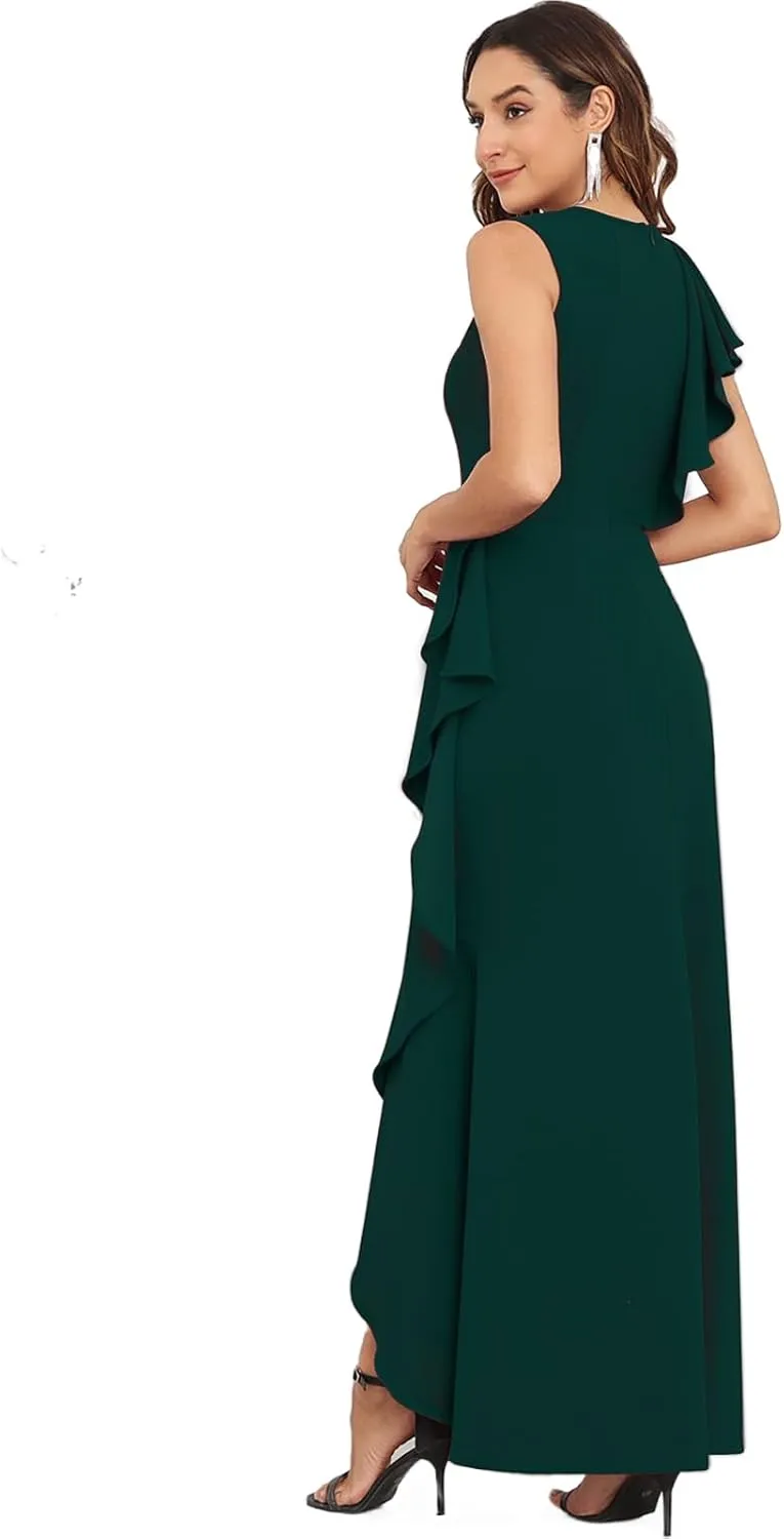 FQA Long Formal Dresses for Women Black Cocktail Evening Gowns Elegant Ruffled Sleeve