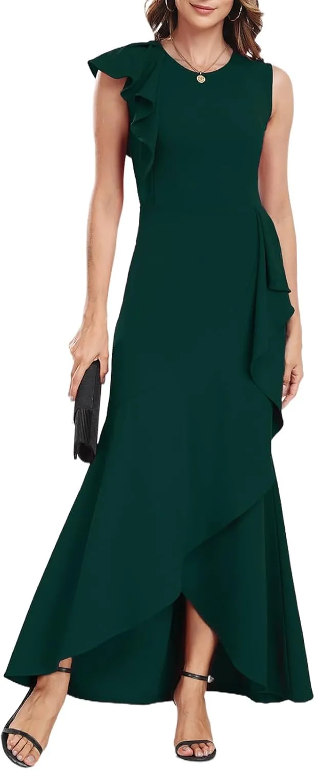 FQA Long Formal Dresses for Women Black Cocktail Evening Gowns Elegant Ruffled Sleeve