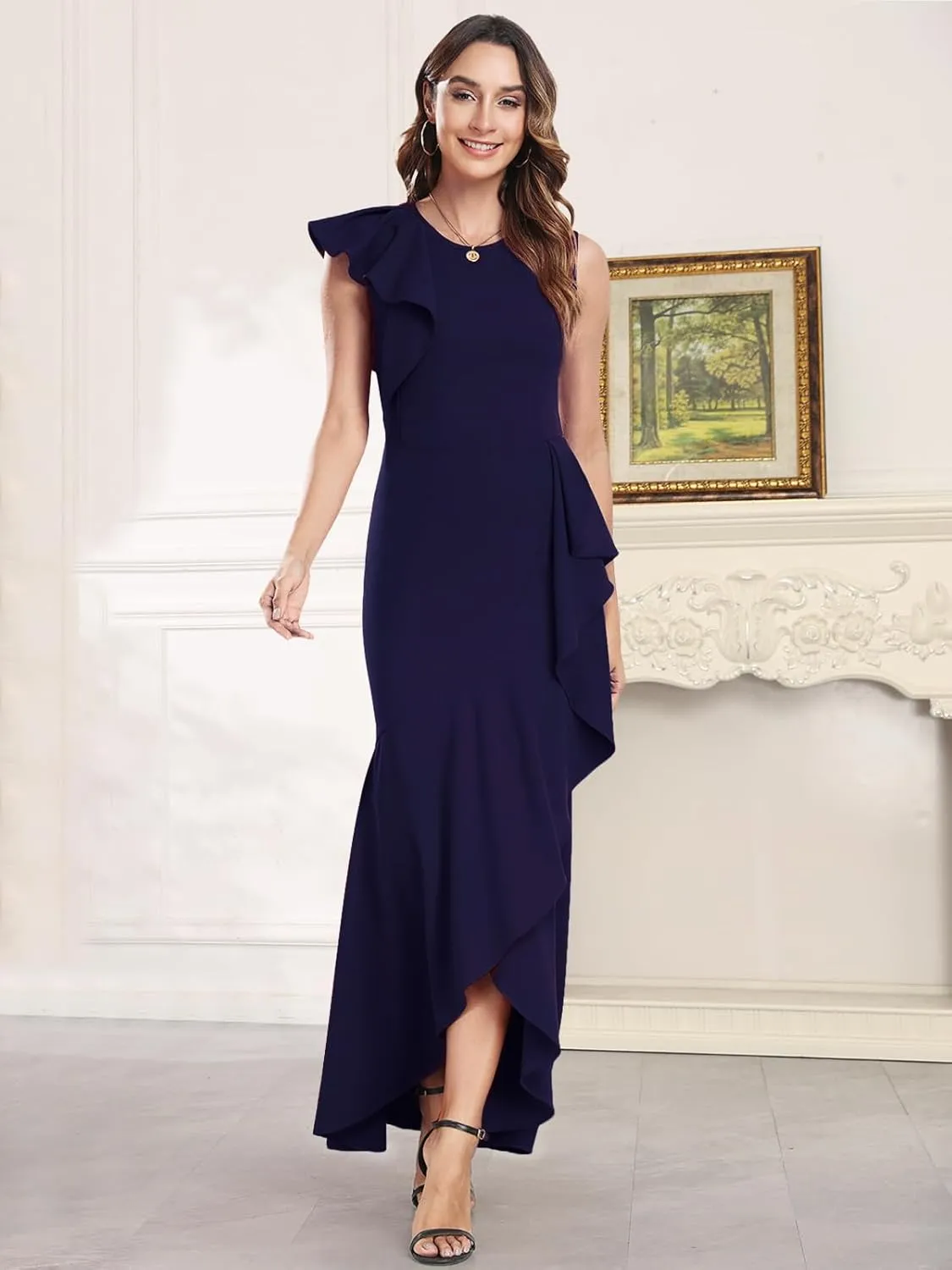 FQA Long Formal Dresses for Women Black Cocktail Evening Gowns Elegant Ruffled Sleeve