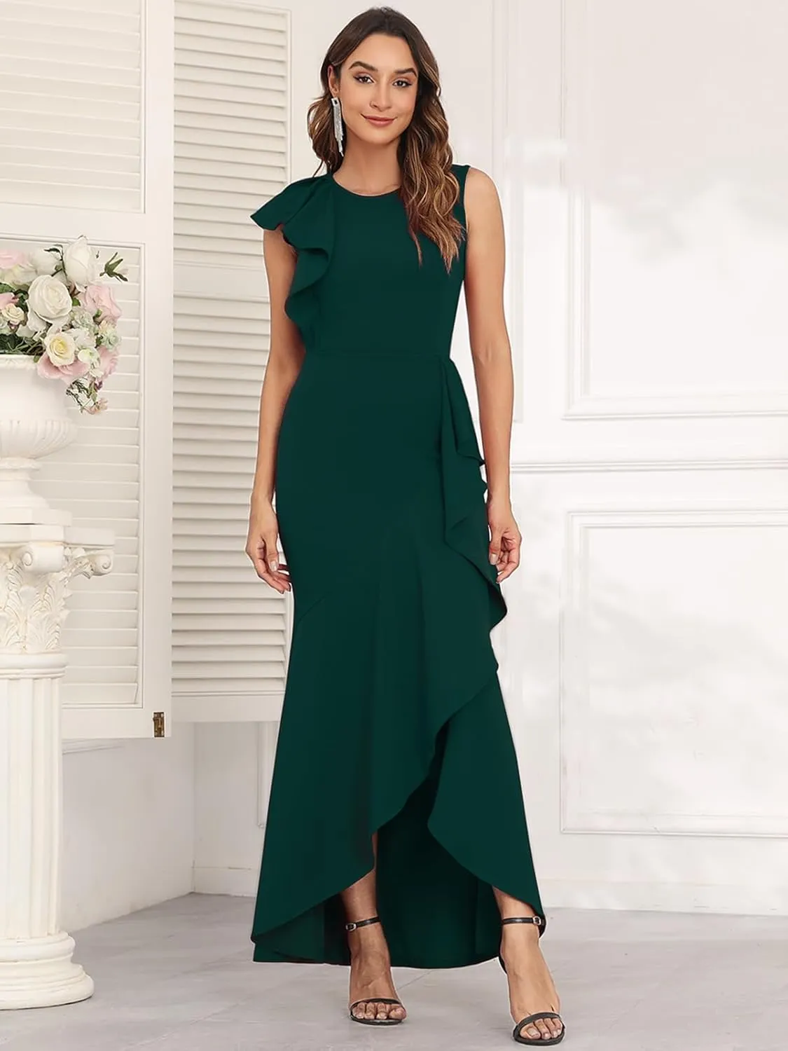 FQA Long Formal Dresses for Women Black Cocktail Evening Gowns Elegant Ruffled Sleeve