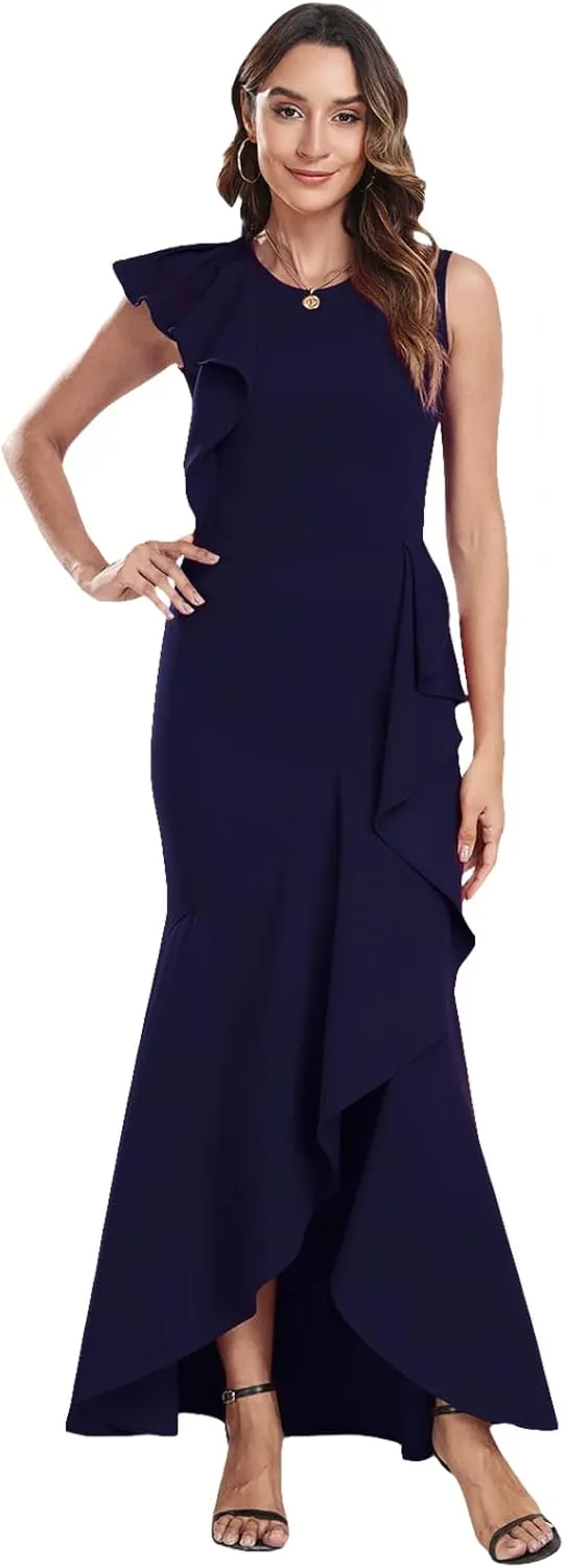 FQA Long Formal Dresses for Women Black Cocktail Evening Gowns Elegant Ruffled Sleeve