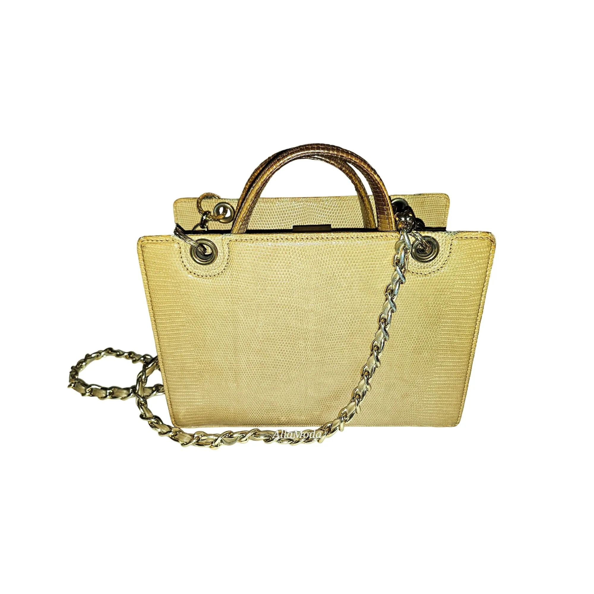 Gucci honey reptile leather two way bucket bag w chain strap