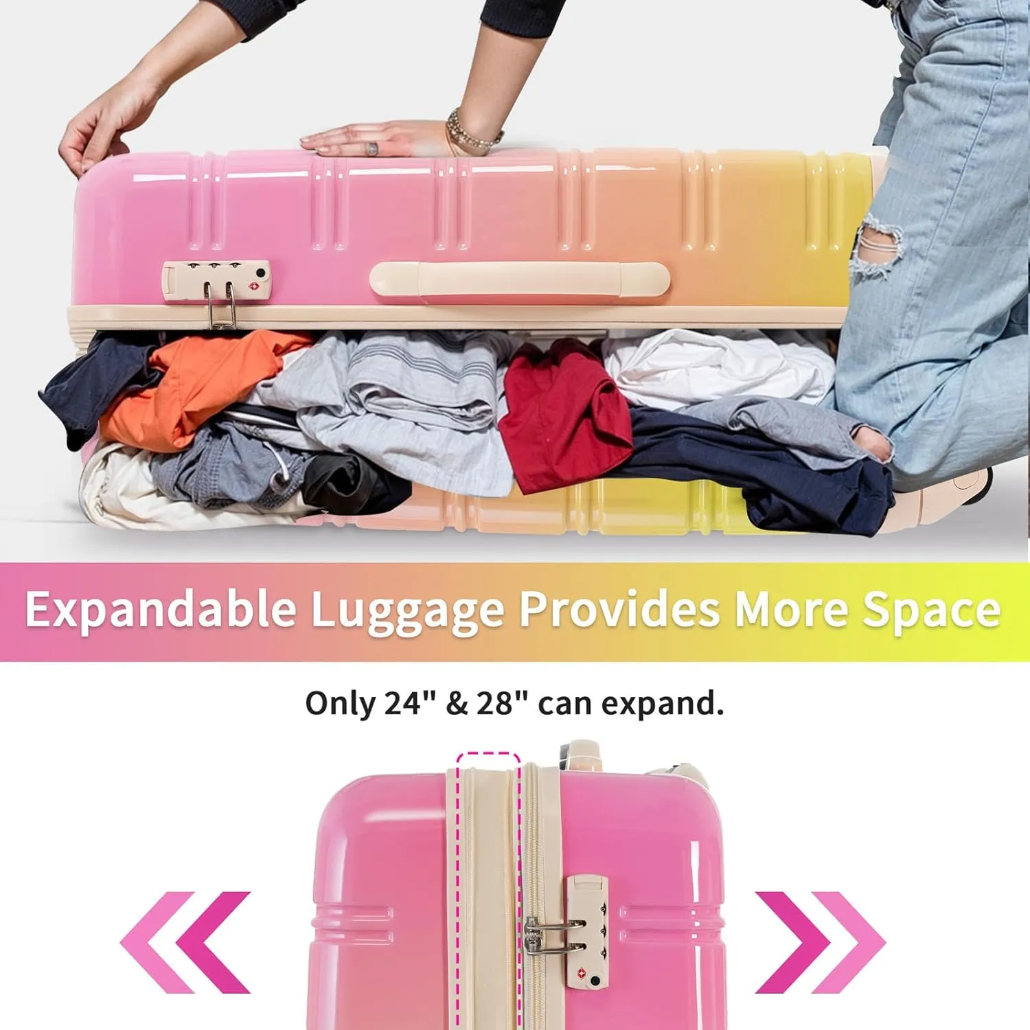 Hard Luggage Sets 3 Piece with Spinner Wheels, Gradient Color Luggage Sets with TSA Lock for Women Girls Teens, Expandable, Lightweight (20/24/28) (Pink Multi)