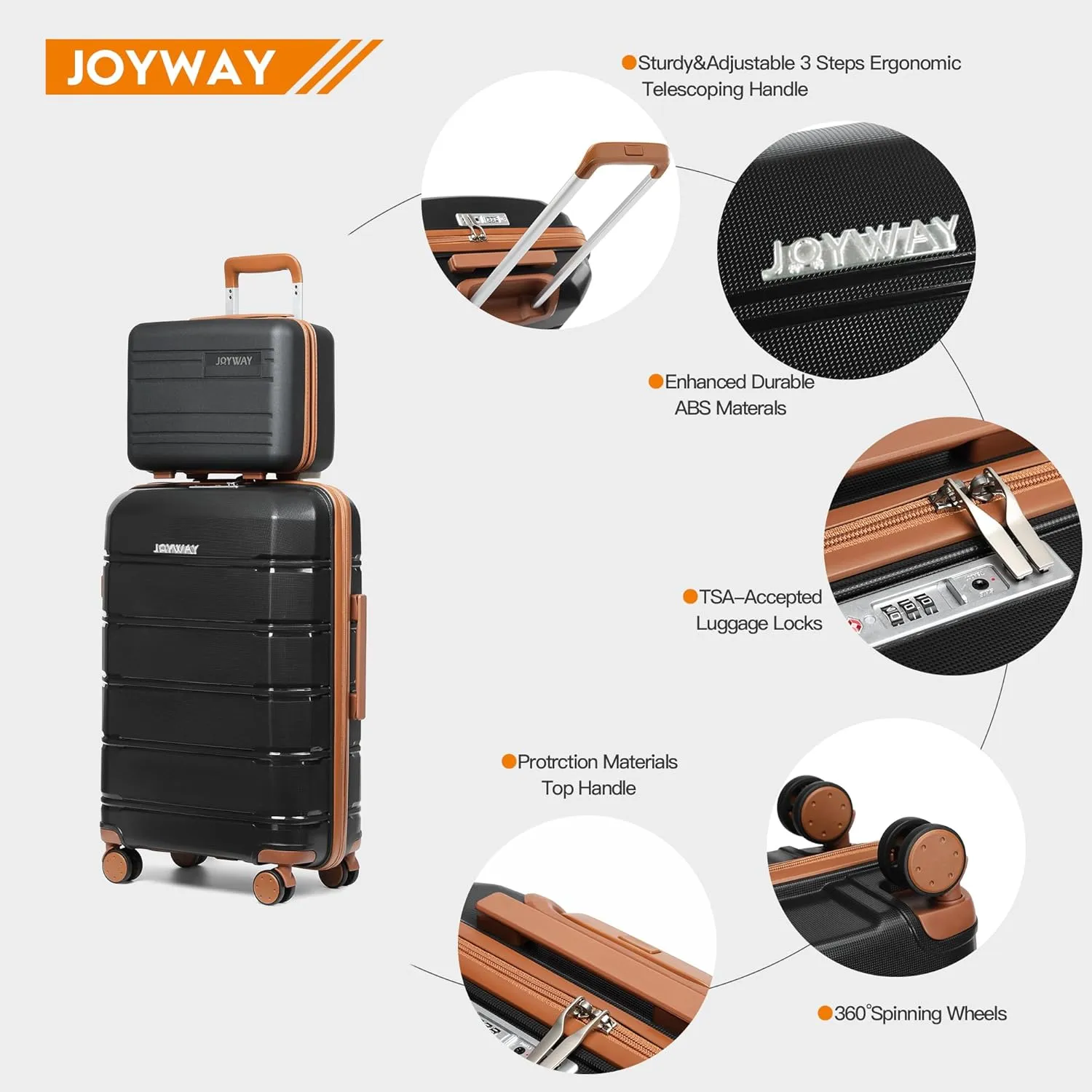 Joyway 5 Piece Luggage Sets, Lightweight Rolling Hardside Carry On and Checked Suitcase with TSA Lock and Spinner Wheels for Women and Men Travel Baggage Black