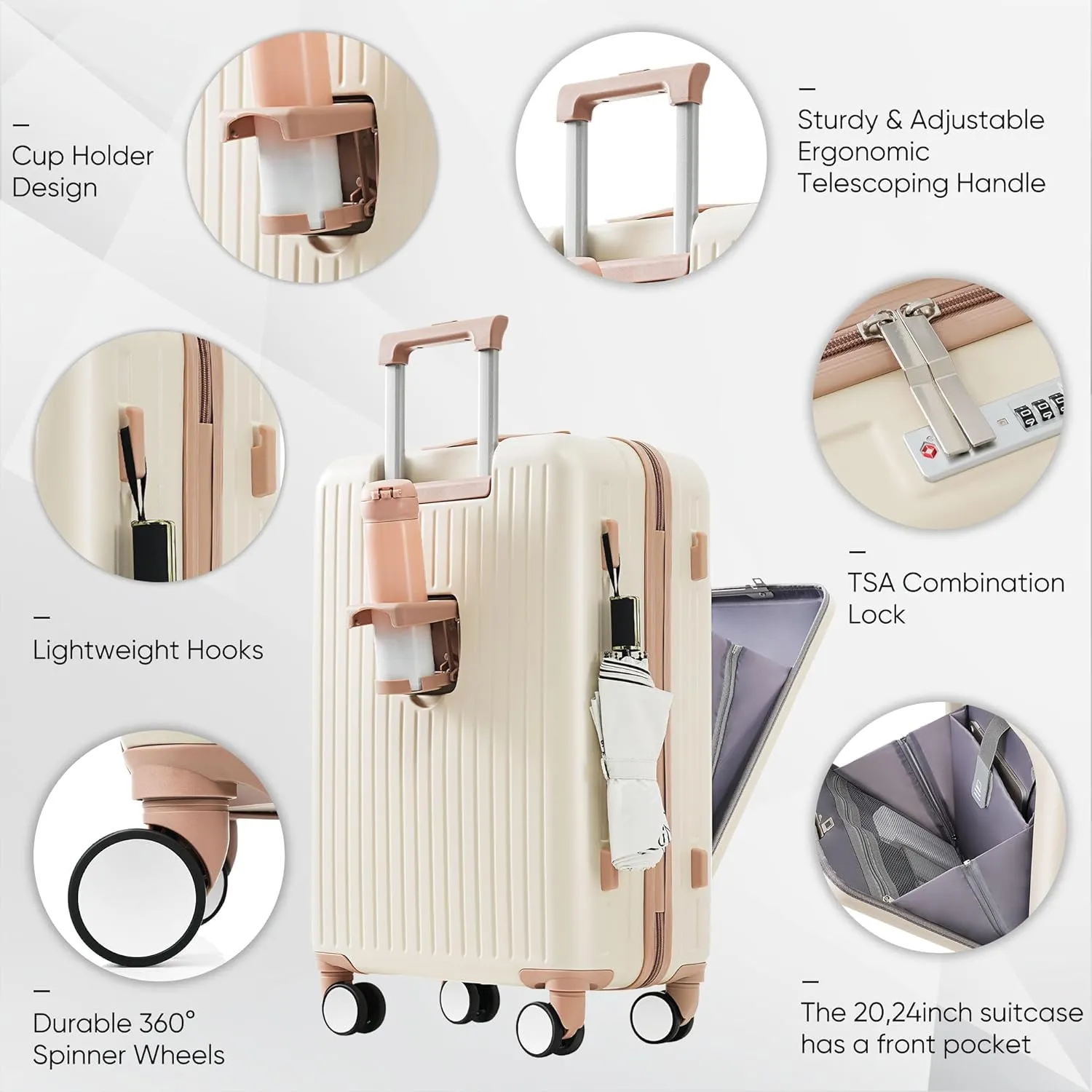 Merax Hardside Luggage 3Piece Front Opening Suitcase Sets with USB Port ABS, Cream Gold, 20/24/28 in