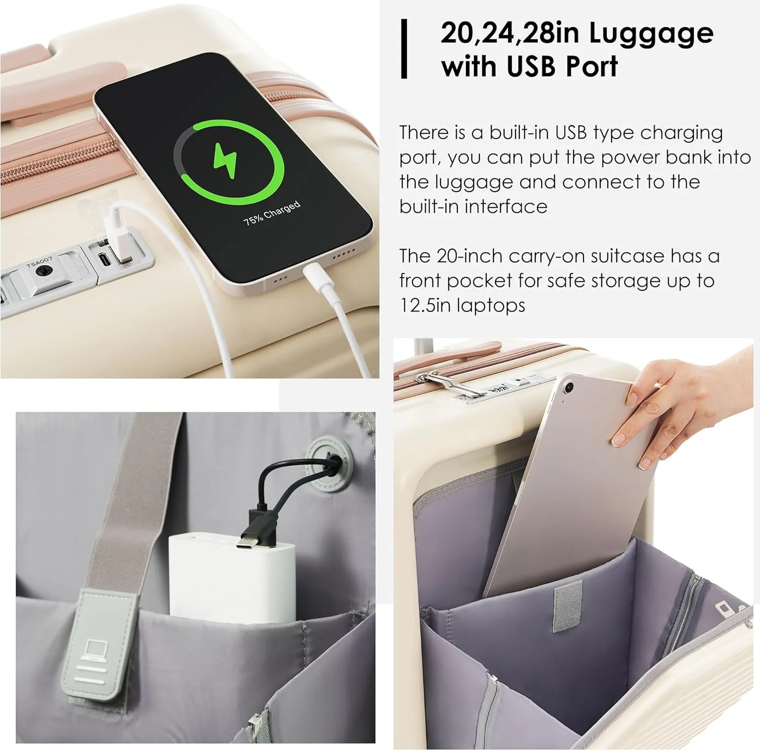 Merax Hardside Luggage 3Piece Front Opening Suitcase Sets with USB Port ABS, Cream Gold, 20/24/28 in