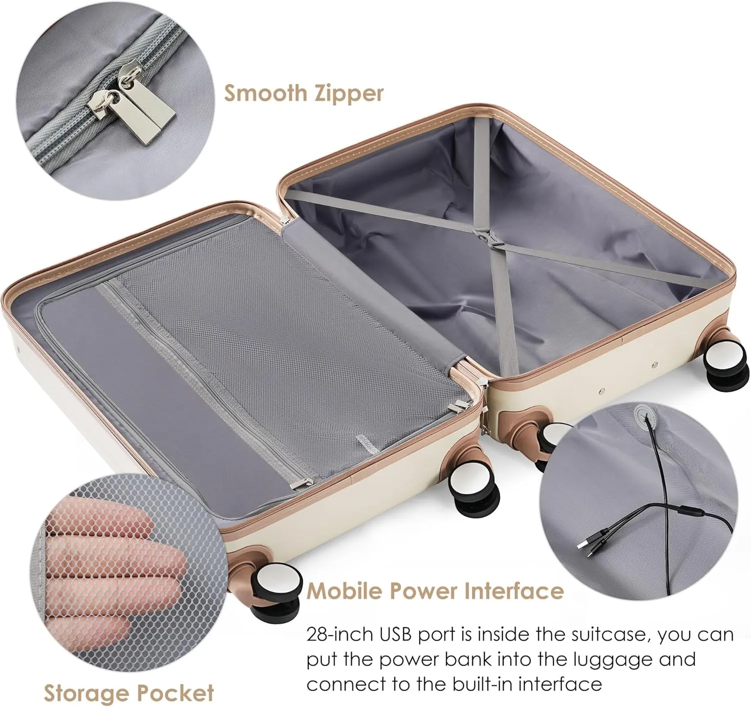 Merax Hardside Luggage 3Piece Front Opening Suitcase Sets with USB Port ABS, Cream Gold, 20/24/28 in