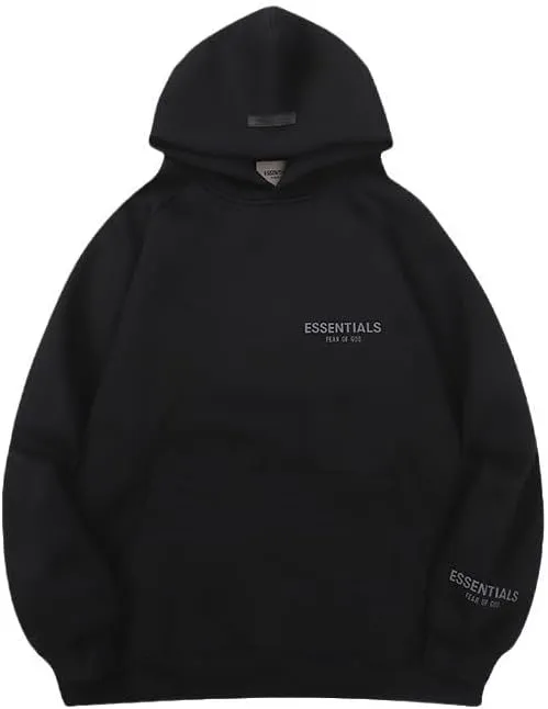 Minimalist Hooded Sweatshirt, Eseentials Fleece Black Silicone Print, Couple Fashion Streetwear