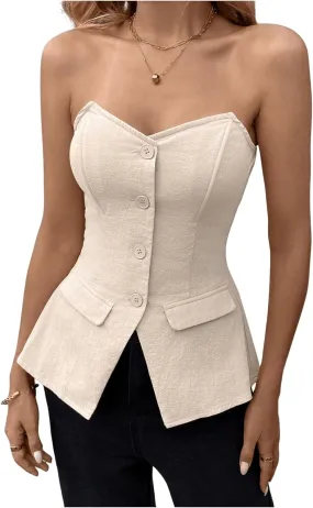 OYOANGLE Women's Button Down Strapless Tube Tops Minimalist Fitted Work Blazer Vest