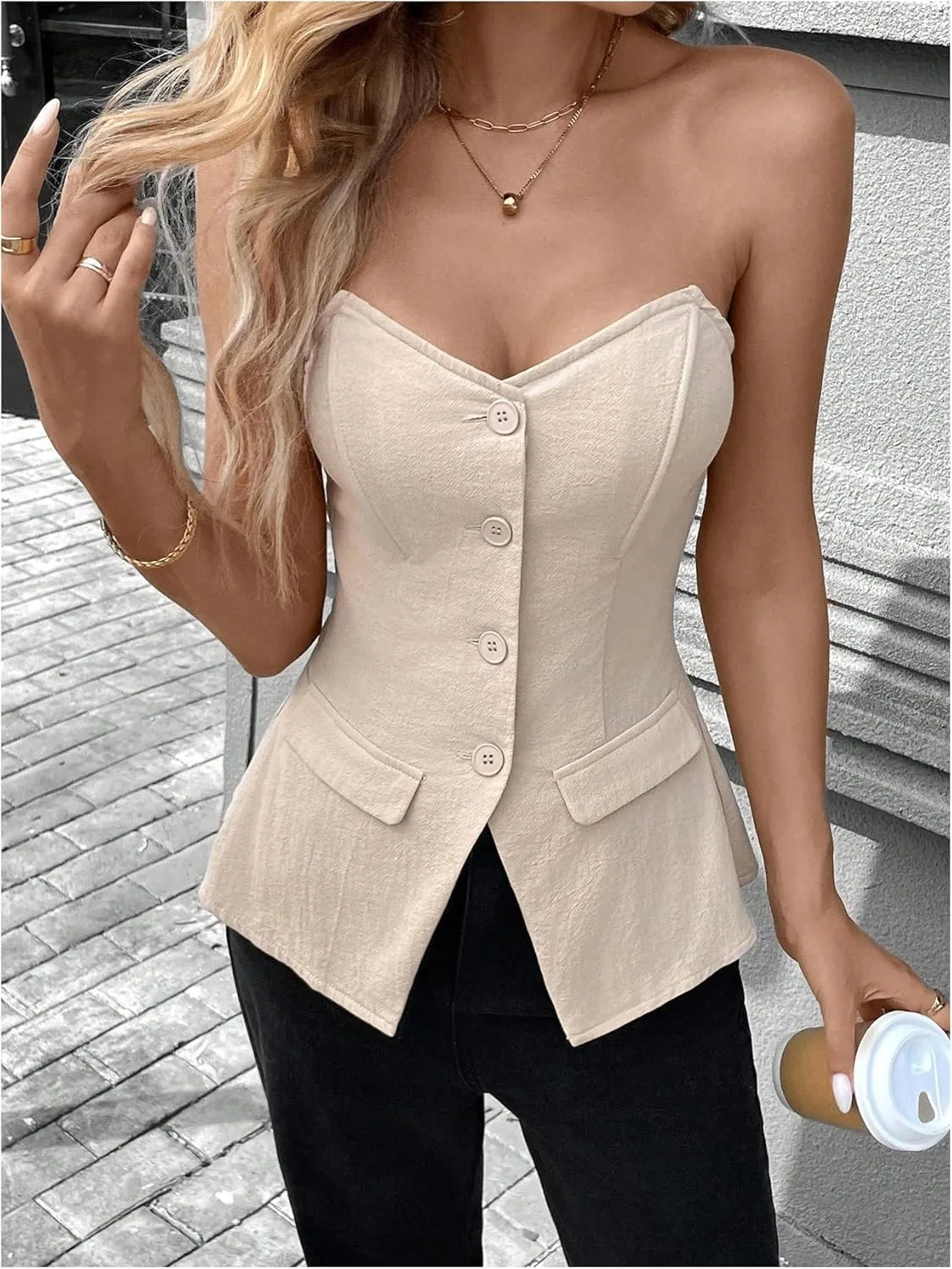 OYOANGLE Women's Button Down Strapless Tube Tops Minimalist Fitted Work Blazer Vest