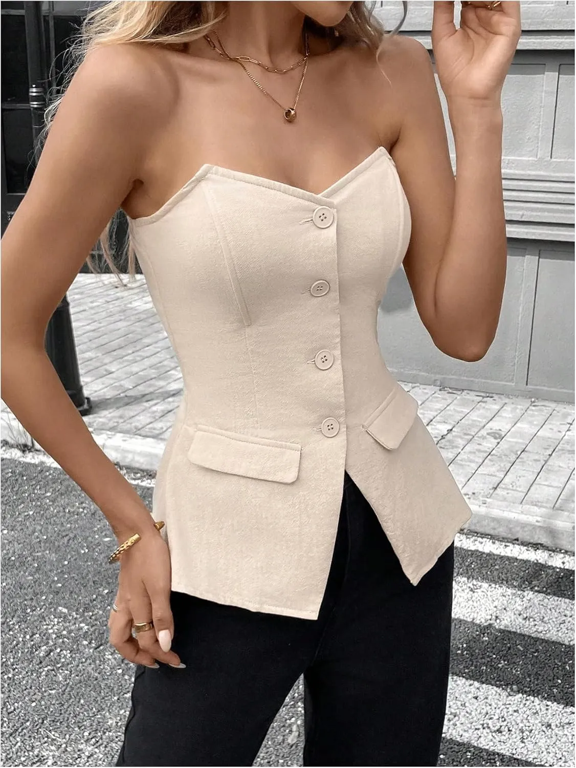 OYOANGLE Women's Button Down Strapless Tube Tops Minimalist Fitted Work Blazer Vest