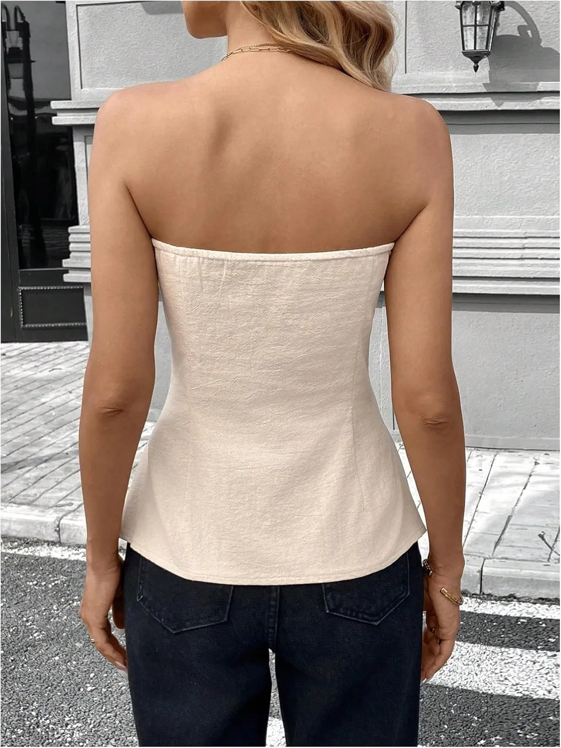 OYOANGLE Women's Button Down Strapless Tube Tops Minimalist Fitted Work Blazer Vest