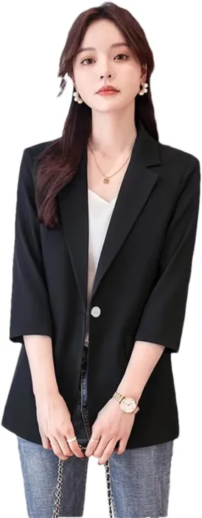 Women Summer Trend Minimalist Slim Fit Versatile Solid Color Button Half Sleeve Suit Jacket