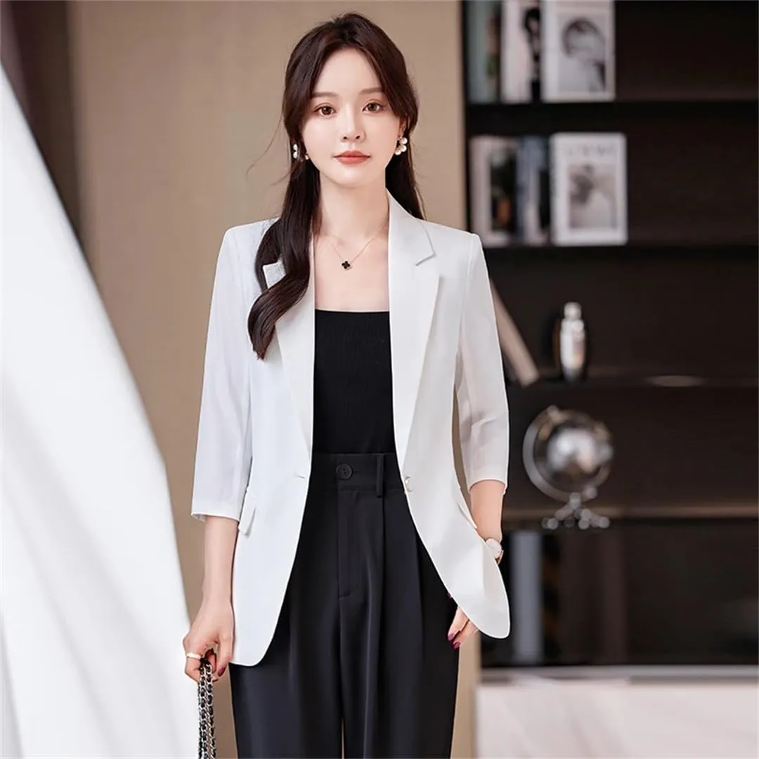 Women Summer Trend Minimalist Slim Fit Versatile Solid Color Button Half Sleeve Suit Jacket