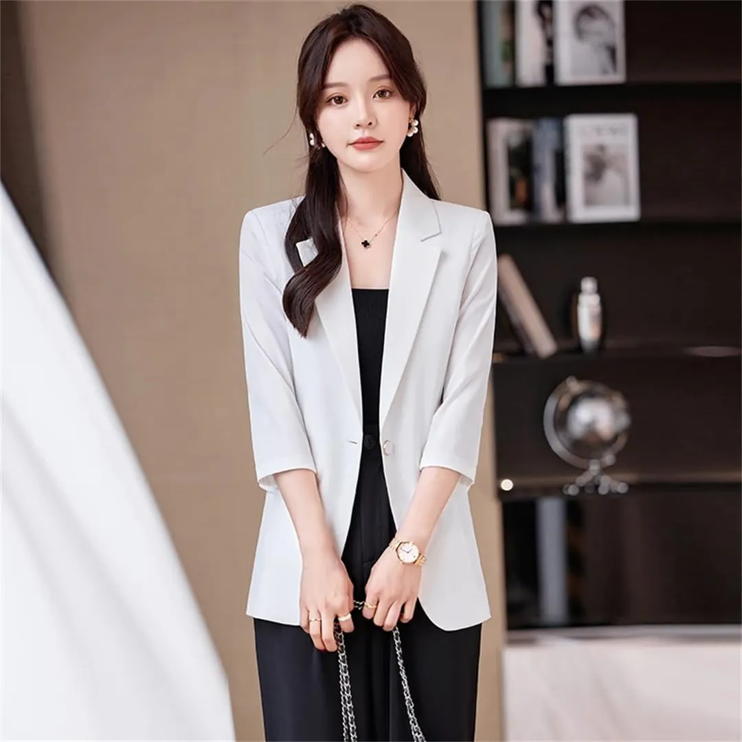 Women Summer Trend Minimalist Slim Fit Versatile Solid Color Button Half Sleeve Suit Jacket
