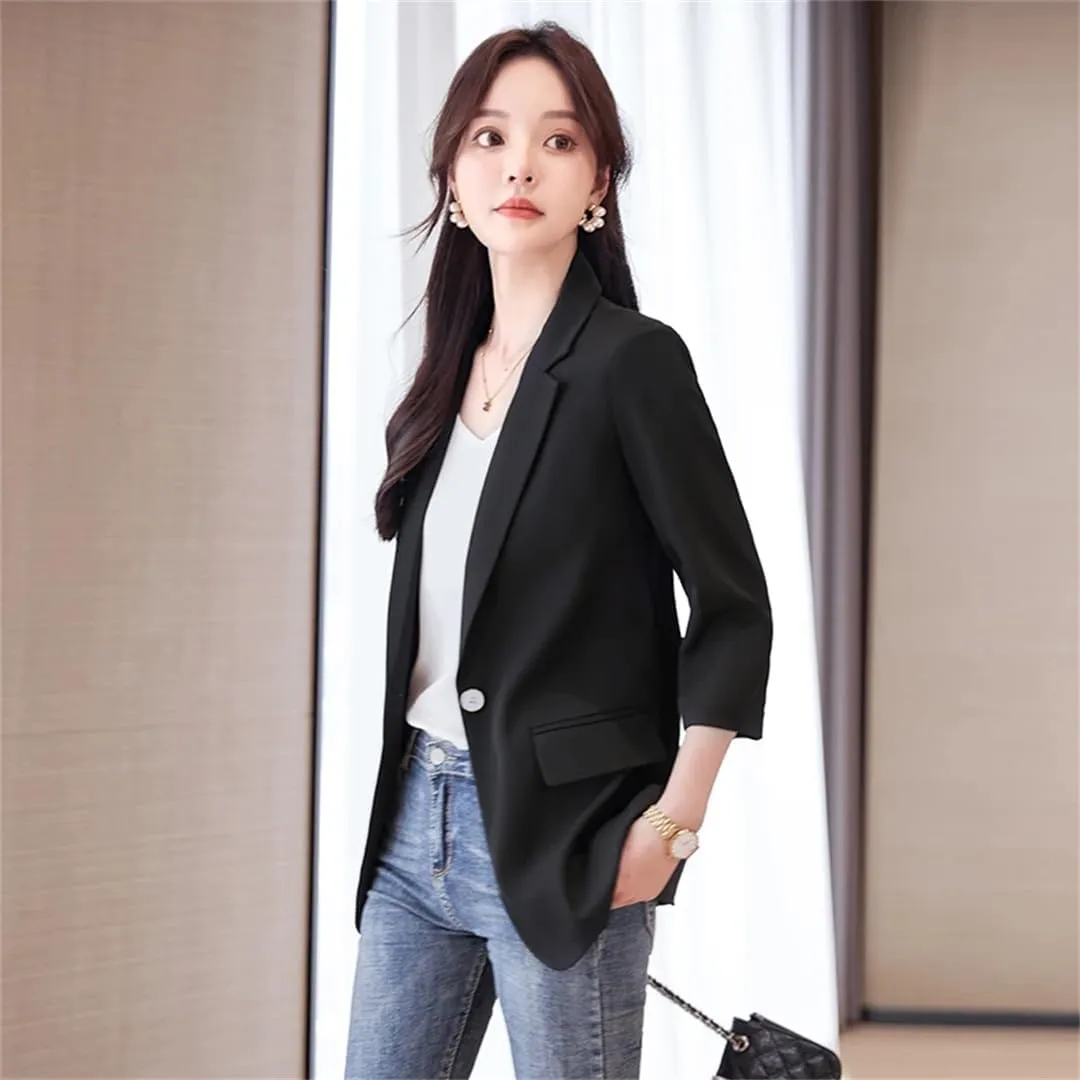 Women Summer Trend Minimalist Slim Fit Versatile Solid Color Button Half Sleeve Suit Jacket