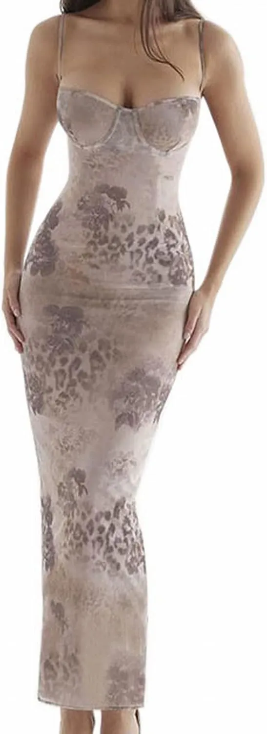 Women Vintage Chic Maxi Dress Backless Spaghetti Strap Bodycon Long Dress Y2K Sexy Club Party Dress